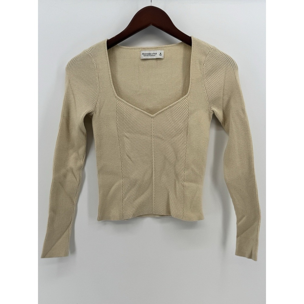 Abercrombie & Fitch Women's M Medium Cream Ribbed Soft AF Sweetheart Neck Crop